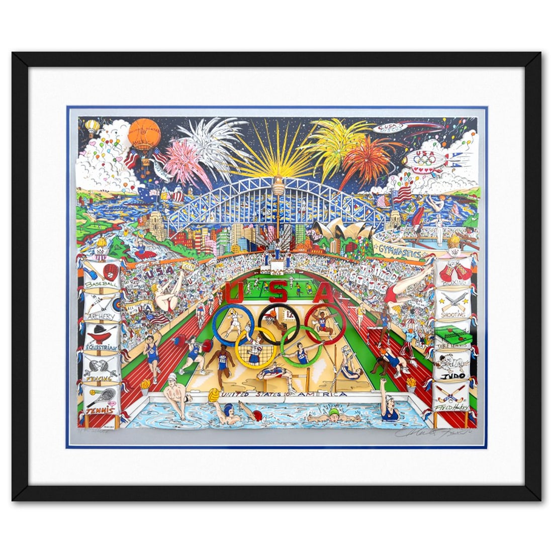 Charles Fazzino- 3D Construction Silkscreen Serigraph "Olympics": Artist: Charles Fazzino. Medium: 3D Construction Silkscreen Serigraph. Title: Olympics. Size: 22" x 27". Measures approx. 28" x 33" (framed). Signature: Hand signed and numbered. Certificate of