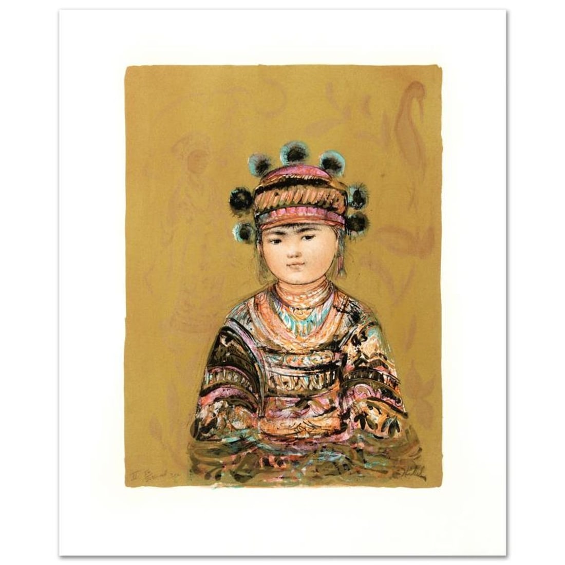 Hill Tribe Youth Limited Edition Lithograph by Edna Hibel (1917-2014), Numbered and Hand Signed with: Hill Tribe Youth is a limited edition lithograph on paper, numbered and hand signed by Edna Hibel (1917-2014). Includes Certificate of Authenticity! Measures approx. 18" x 22" (with border), 12.5" x
