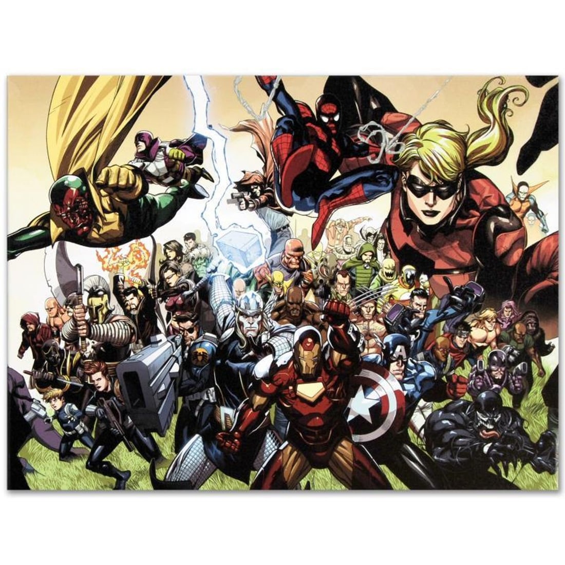 Marvel Comics "Secret Invasion #6" Numbered Limited Edition Giclee on Canvas by Leinil Francis Yu: A piece of comic book history, this limited edition, from original art by Leinil Francis Yu, depicts Spider-Man, Thor, Iron Man, Nick Fury, Captain America, Venom, Vision, and Stature among many