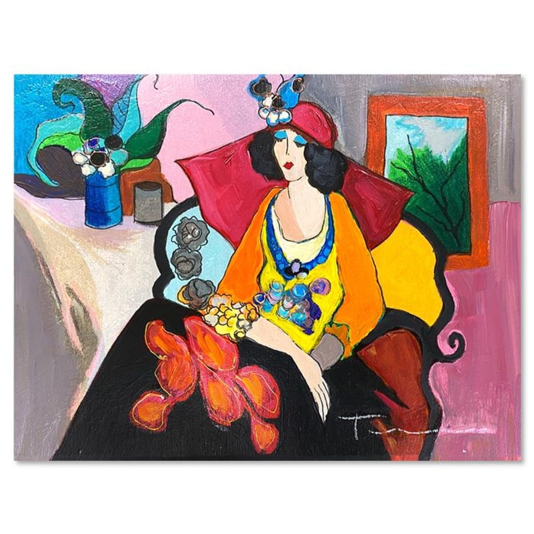 Itzchak Tarkay (1935-2012), "Red Hat" One-of-a-Kind Mixed Media Over Paint on Wood, Hand Signed with (1 of 2)