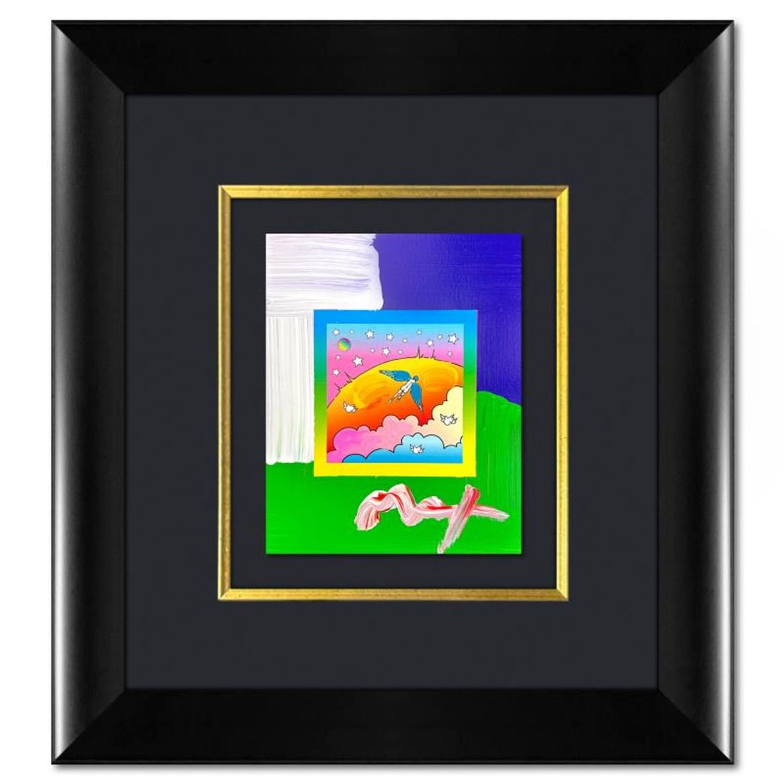 Peter Max, "Angel with Clouds" Framed One-of-a-Kind Acrylic Mixed Media, Hand Signed with: Angel with Clouds is a one-of-a-kind acrylic mixed media on paper, hand signed by Peter Max. The piece comes custom framed with a backside cutout to display Peter Max Studio registration number 328881