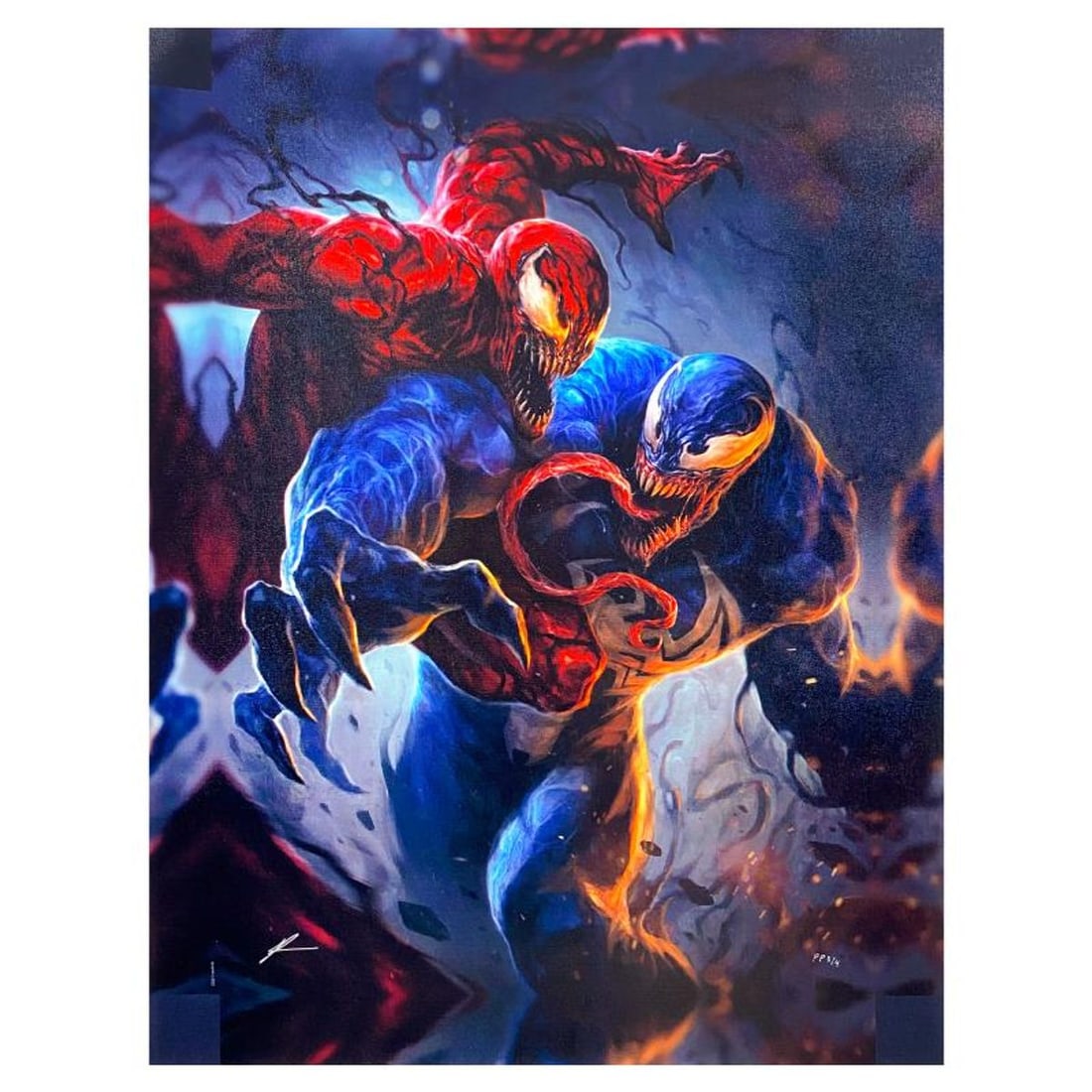 Marvel Comics & Richard Luong, "Venom vs Carnage" Limited Edition on Canvas, PP Numbered 3/4 and: Venom vs Carnage is a limited edition giclee on canvas from Marvel Comics and Richard Luong, PP numbered 3/4 and bearing the authorized signature of the artist. Includes Letter of Authenticity.
