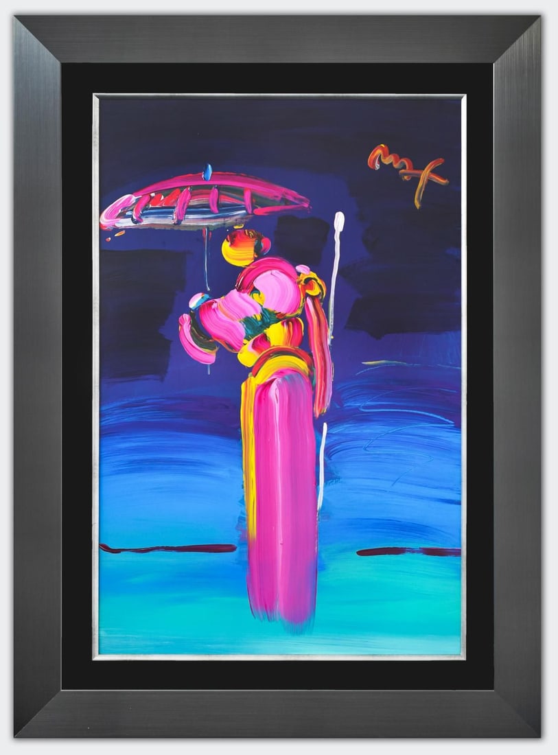 Peter Max- Original Mixed Media "Umbrella Man with Cane": Artist: Peter Max. Medium: Original Mixed Media. Title: Umbrella Man with Cane. Size: 36" x 24". Measures approx. 46" x 34" (framed). Signature: Hand Signed by the artist. Certificate of Authenticity: