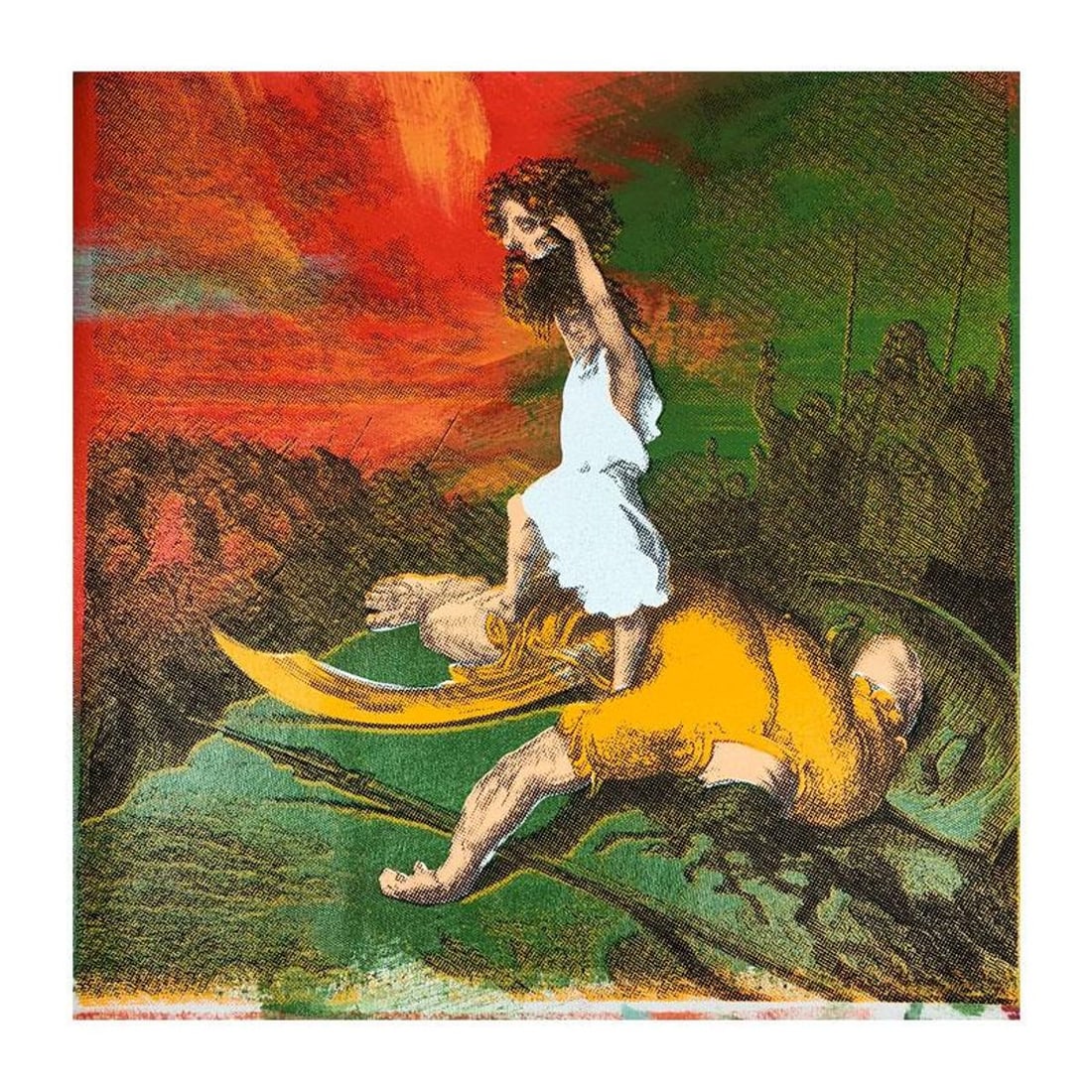 Steve Kaufman (1960-2010), "David and Goliath" Hand Signed and Numbered Limited Edition Hand Pulled: David and Goliath is a limited edition hand pulled silkscreen mixed media on canvas by Andy Warhol protege Steve Kaufman (1960-2010). This piece is numbered and AP 21/50 and hand signed inverso. Inclu