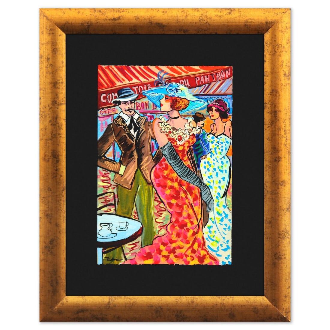 Patricia Govezensky- Original Watercolor "Elegance at the Terrace": Artist: Patricia Govezensky. Medium: Original Watercolor. Title: Elegance at the Terrace. Size: 11" x 7". Measures approx. 18" x 14" (framed). Signature: Hand signed. Certificate of Authenticity: Is i