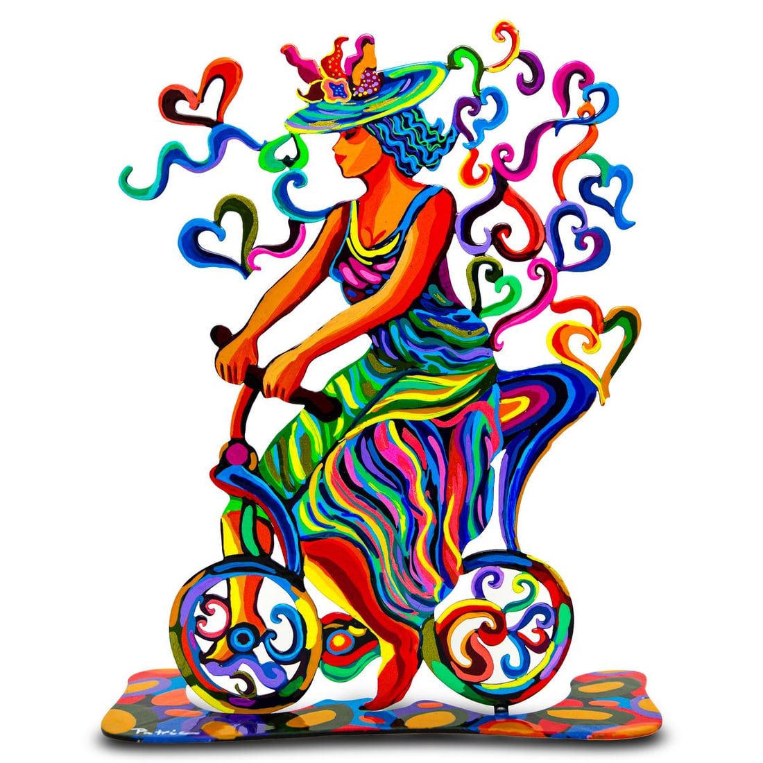 Patricia Govezensky- Original Free Standing Sculpture "Lady on Bicycle with Hearts": Artist: Patricia Govezensky. Medium: Original Free Standing Sculpture. Title: Lady on Bicycle with Hearts. Size: 12" x 9". Signature: Hand Signed by the artist. Certificate of Authenticity: Is include
