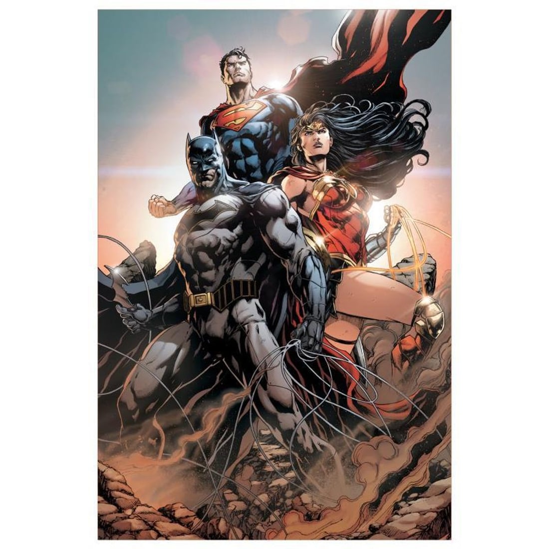 DC Comics, "Trinity #1" Numbered Limited Edition Giclee on Canvas by Jason Fabok with COA.: Trinity #1 is a limited edition giclee on canvas featuring variant cover art by Jason Fabok from the 2016 comic. This piece comes gallery wrapped and includes a certificate of authenticity. Measures