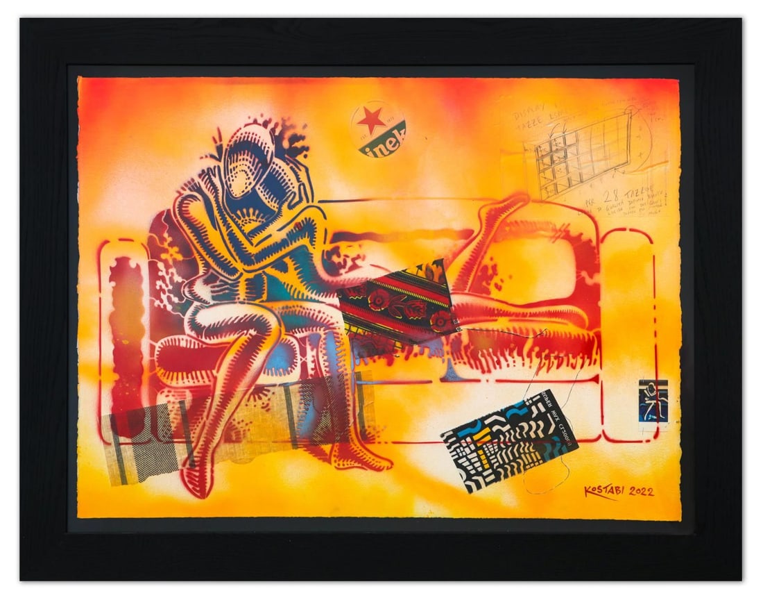 Mark Kostabi- Original Mixed Media on Paper "Our Star, 2022": Artist: Mark Kostabi. Medium: Original Mixed Media on Paper. Title: Our Star, 2022. Size: 30" x 40". Measures approx. 38" x 52" (framed). Signature: Hand Signed by the artist. Certificate of