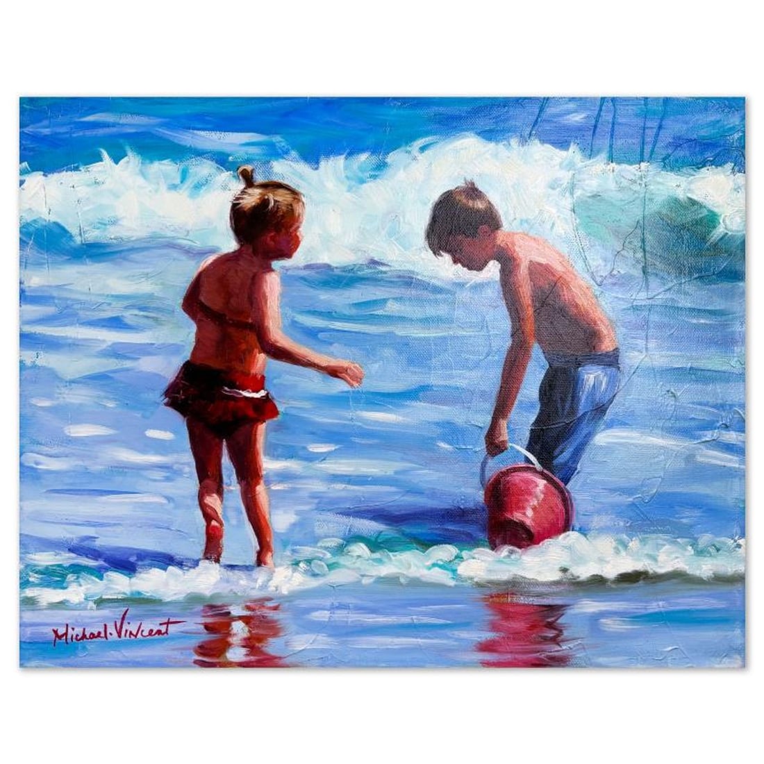 Michael Vincent, "Lets Play" Original Painting on Canvas, Hand Signed with Letter of Authenticity.: Lets Play is an original painting on stretched canvas by Michael Vincent, hand signed by the artist. Includes Letter of Authenticity. Measures approx. 14" x 18" (image).