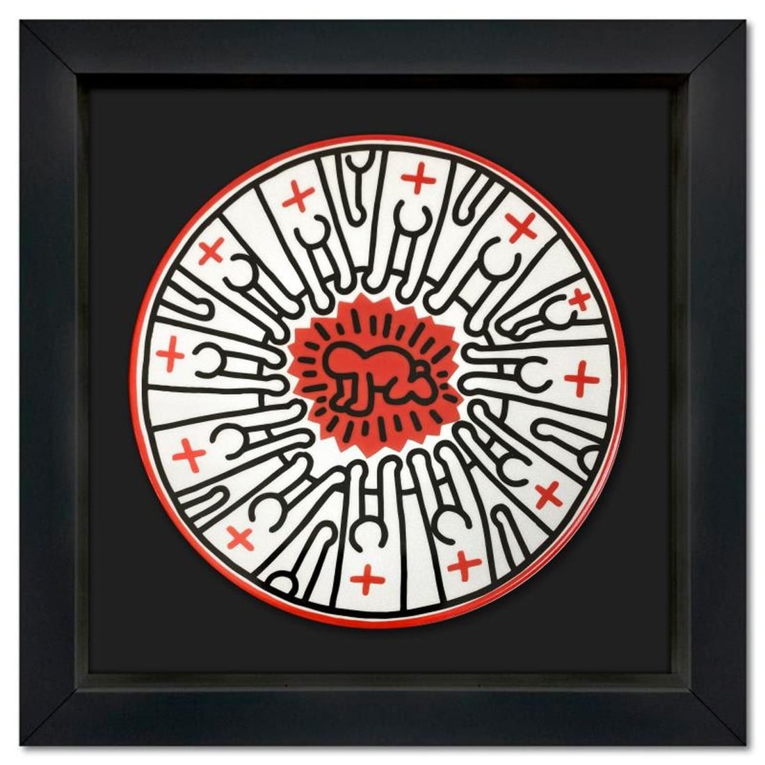 Keith Haring (1958-1990), "Radiant Baby" Framed Limoges Porcelain Plate.: Radiant Baby is a Limoges porcelain plate bearing the plate signature inverso of Keith Haring (1958-1990). This plate is custom framed and floated on linen. Measures approx. 13.5" x 13.5" (frame),