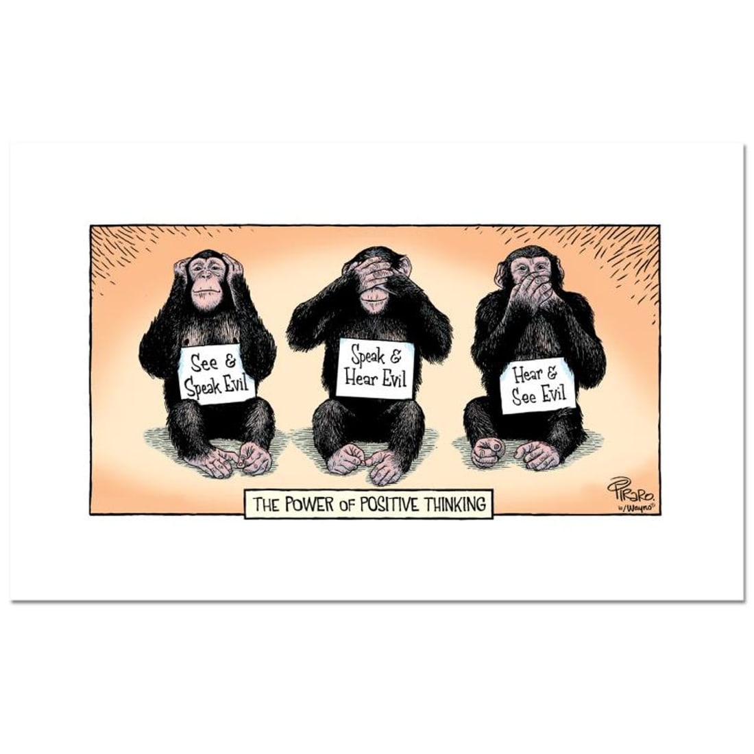 Bizarro, "Optimistic Chimps" Numbered Limited Edition Hand Signed by Creator Dan Piraro; Letter of: Optimistic Chimps is a limited edition giclee on paper by Dan Piraro, creator of the critically acclaimed and award winning comic strip, Bizarro, numbered and hand signed by the artist. Includes