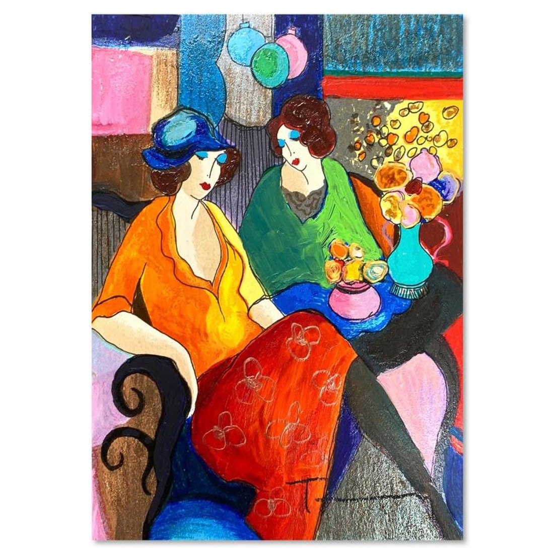 Itzchak Tarkay (1935-2012), "Chit Chat" One-of-a-Kind Mixed Media Over Paint on Wood, Hand Signed: Chit Chat is a one-of-a-kind mixed media over paint on wood by Itzchak Tarkay (1935-2012), hand signed by the artist. Includes Letter of Authenticity. Measures approx. 9" x 7" (image).
