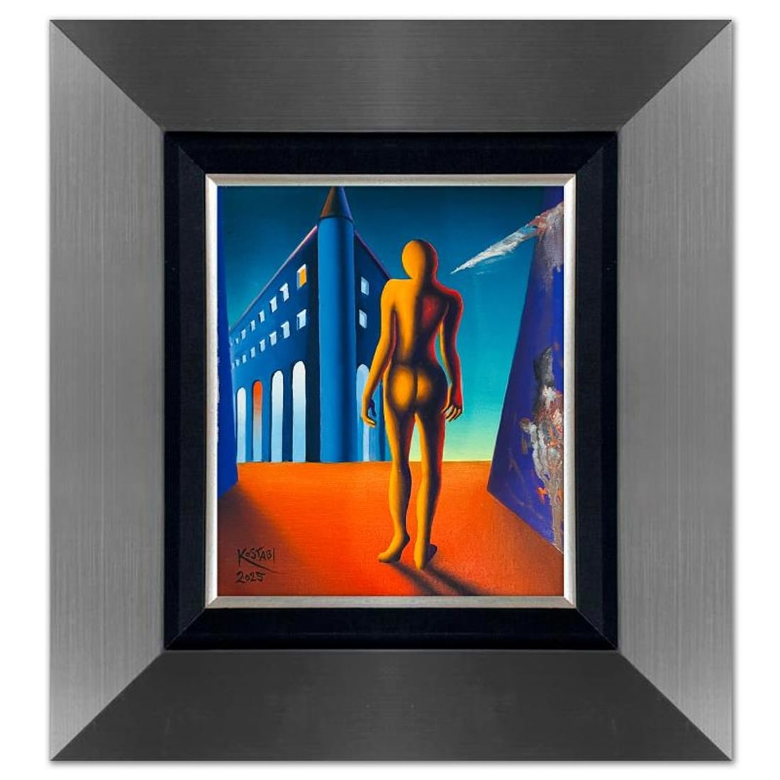 Mark Kostabi, "Looming Towards the Horizon of the Infinite" Framed Original Oil Painting on Canvas, (1 of 3)