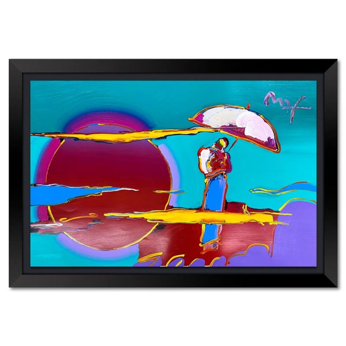 Peter Max, "New Moon 2" Framed One-of-a-Kind Mixed Media, Hand Signed with Registration Number: New Moon 2 is a one-of-a-kind mixed media on paper, hand signed by Peter Max. The piece comes custom framed with a backside cutout to display Peter Max Studio registration number 264987 certifying aut