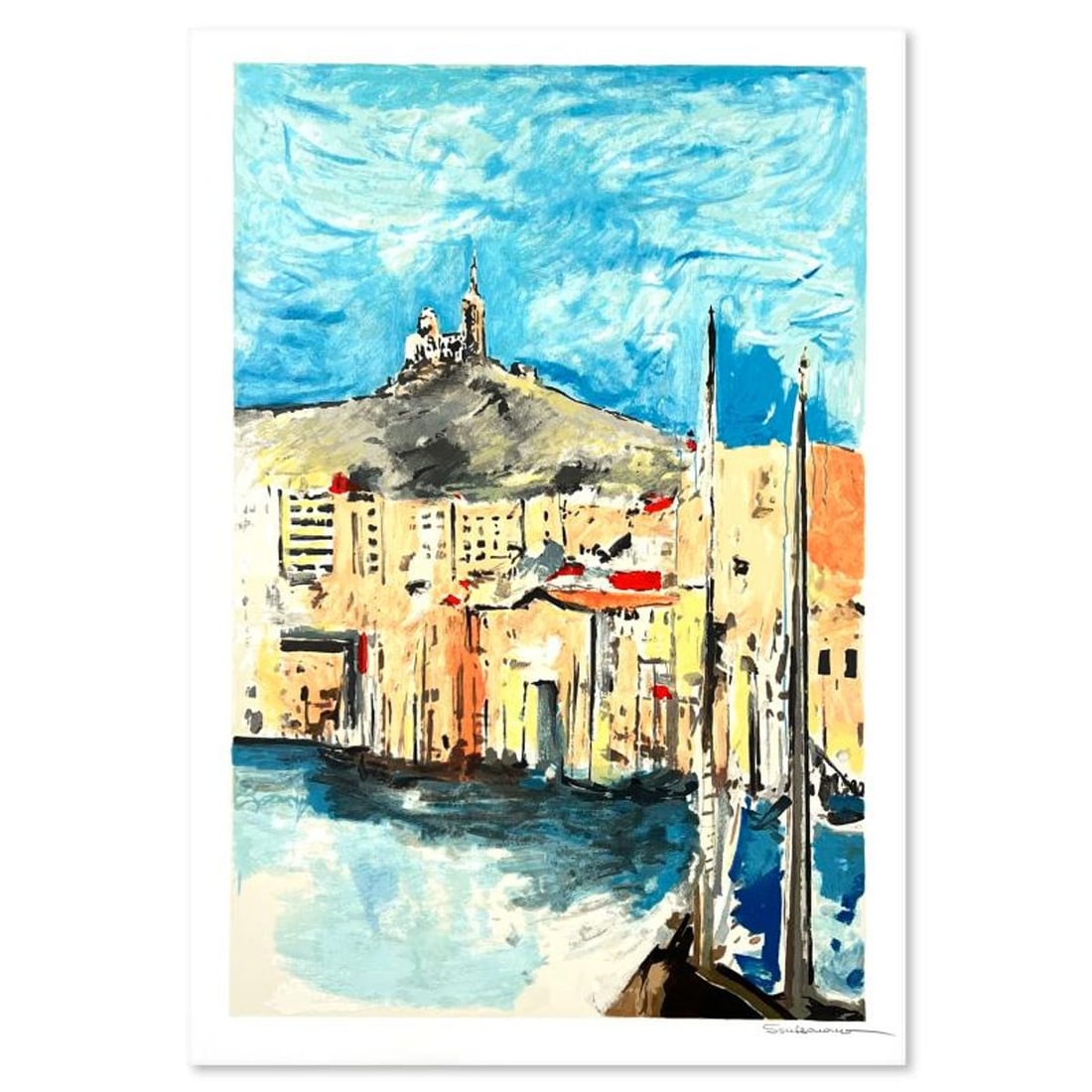 Jacques Soussana, "Vieux Port de Marseille" Hand Signed, Numbered Limited Edition with Letter of: Vieux Port de Marseille is a limited edition on paper by Jacques Soussana. The piece comes hand signed by the artist, numbered, and with a letter of authenticity. Measures approximately 24" x 16".