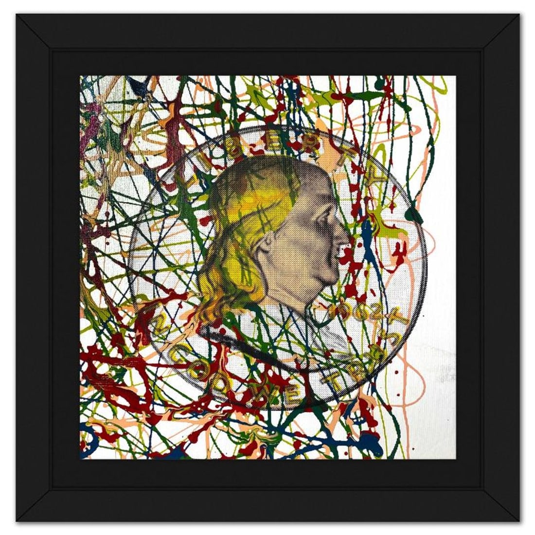 Steve Kaufman (1960-2010), "Ben Half Dollar" Framed Hand Embellished Limited Edition Silscreen,: Ben Half Dollar is a hand embellished limited edition silkscreen on canvas by Andy Warhol protege, Steve Kaufman (1960-2010), numbered 17/50 inverso and hand signed by the artist. This piece comes cus