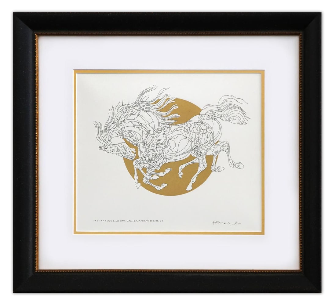 Guillaume Azoulay- Original pen and ink with hand laid gold leaf "Sketch CD": Artist: Guillaume Azoulay. Medium: Original pen and ink with hand laid gold leaf. Title: Sketch CD. Size: 11" x 13". Measures approx. 20" x 22" (framed). Signature: Hand Signed by the artist.