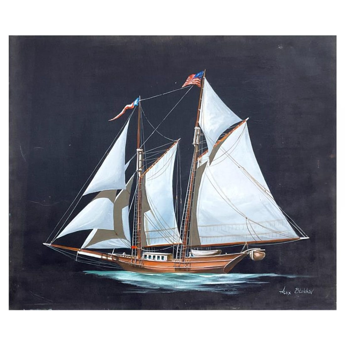 Alex Blokhin, "Two Masted Schooner" Original Painting on Canvas, Hand Signed with Letter of (1 of 2)