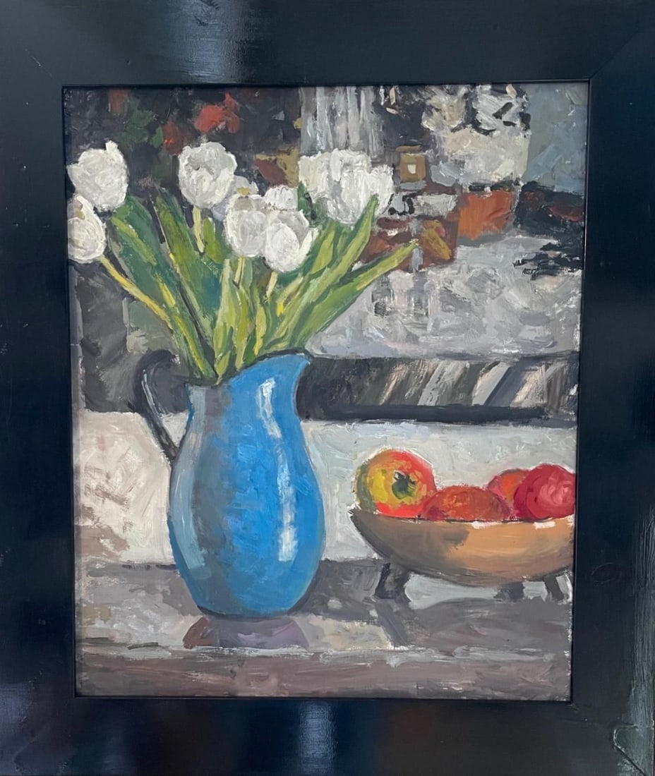 Boris Tyomkin- Oil on canvas "Tulips and Apples": Artist: Boris Tyomkin. Medium: Oil on canvas. Title: Tulips and Apples. Size: 20" x 24". Reference#: 25156.