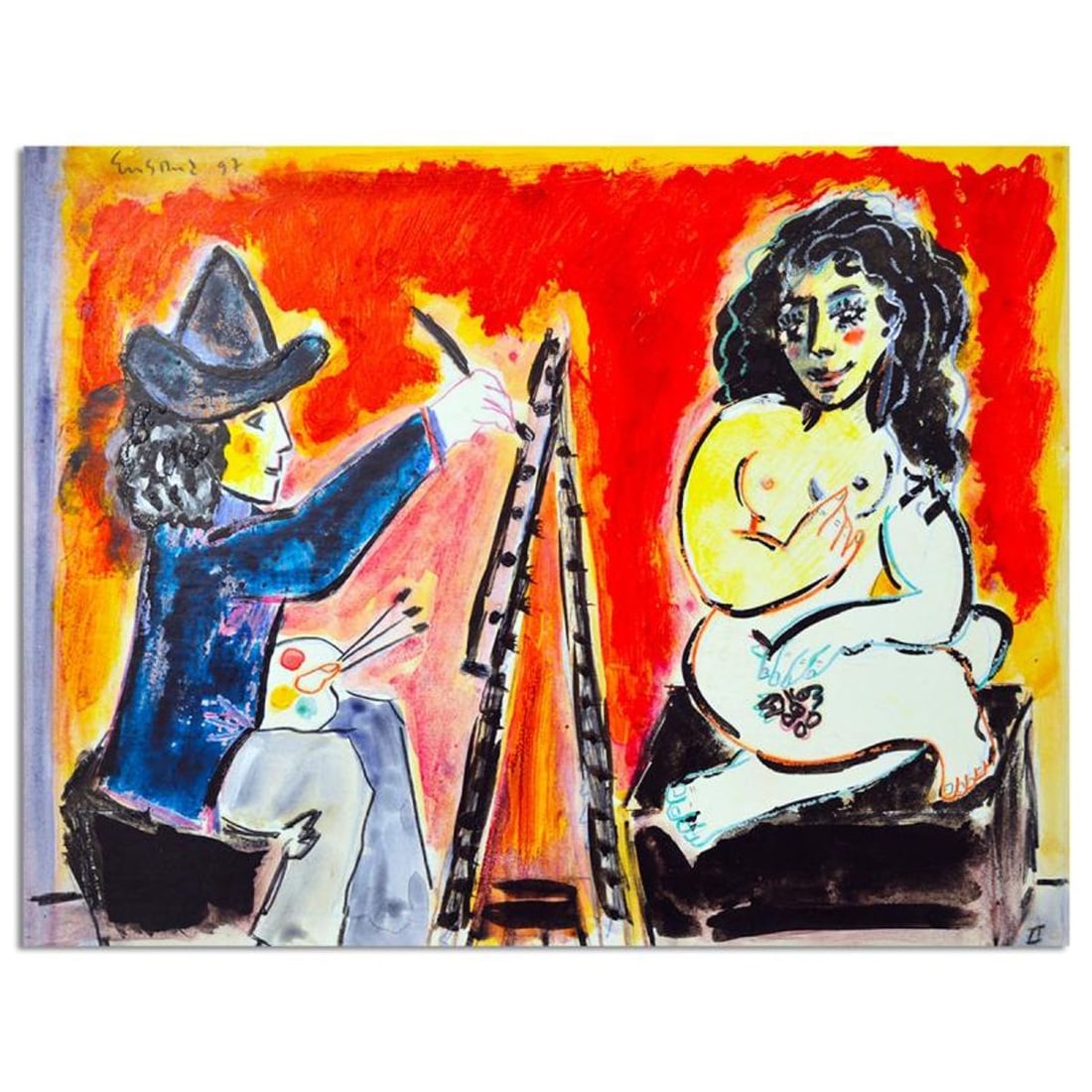 Wayne Ensrud, "Artist And His Model Ii" Mixed Media Original Artwork with COA. (1 of 1)