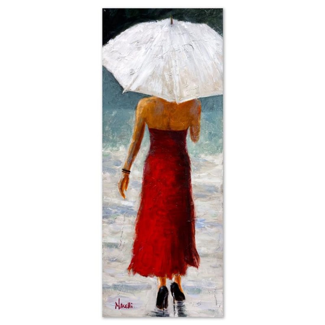 Michael Maselli, "Red Dress and Black Fields" Original Painting on Canvas, Hand Signed with Letter (1 of 2)