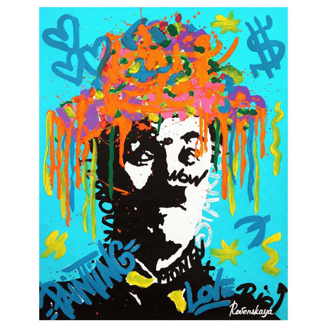 Nastya Rovenskaya- Original Mixed Media on Canvas "Charlie's Hat": Artist: Nastya Rovenskaya. Medium: Original Mixed Media on Canvas. Title: Charlie's Hat. Size: 20" x 16". Signature: Hand Signed by the artist. Certificate of Authenticity: From the publisher.