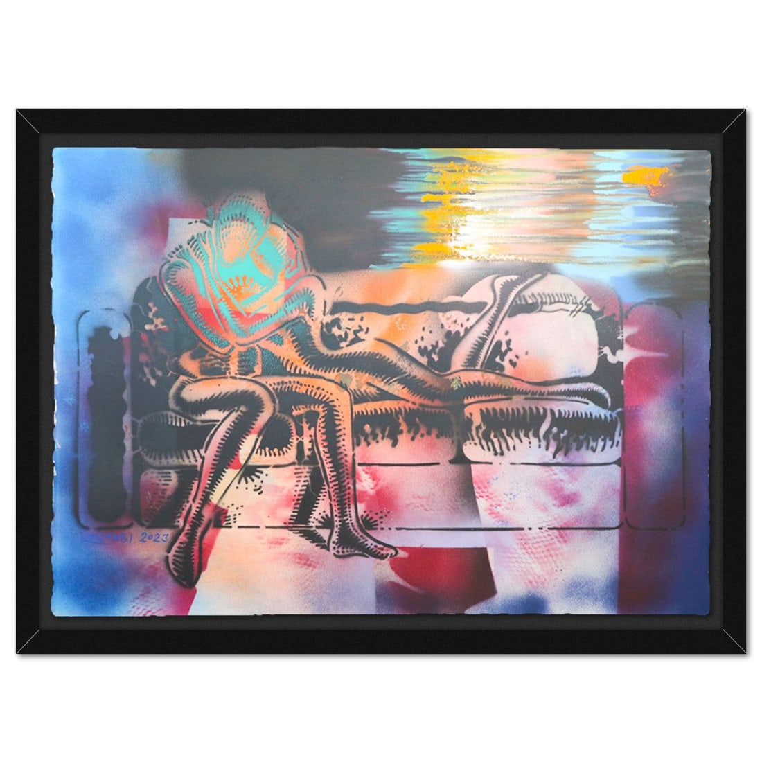 Mark Kostabi- Original Mixed Media on Paper "Chrono Embrace": Artist: Mark Kostabi. Medium: Original Mixed Media on Paper. Title: Chrono Embrace. Size: 29" x 42". Measures approx. 35" x 47" (framed). Signature: Hand signed. Certificate of Authenticity: Is