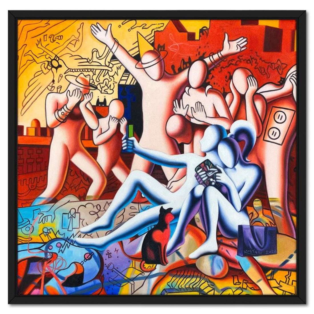 Mark Kostabi, "Reactions and Reflections" Framed Original Oil Painting on Canvas, Hand Signed with a: Reactions and Reflectionsis an original oil painting on canvas by Mark Kostabi, hand signed by the artist. This piece comes custom framed. Includes Certificate of Authenticity. Measures approx. 23" x 