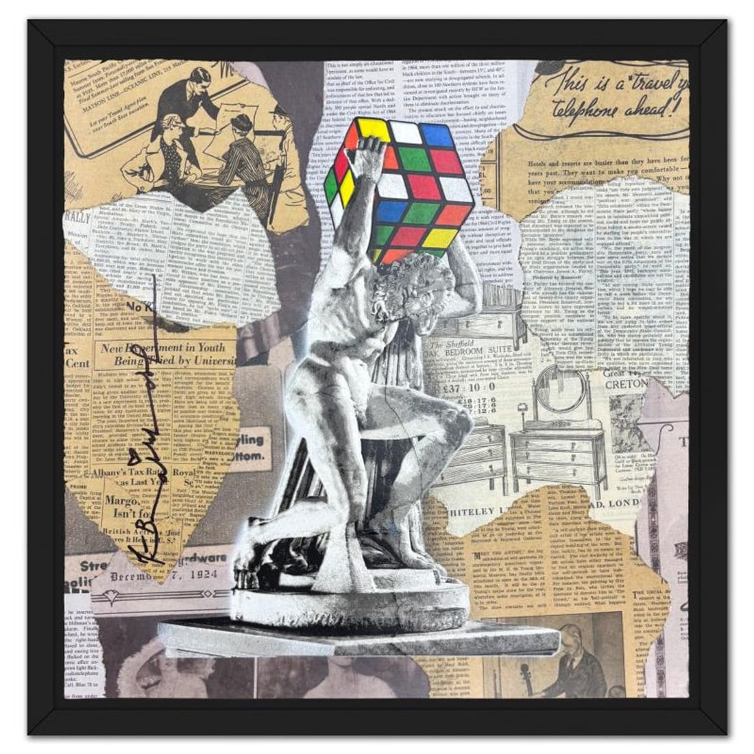 Mr Brainwash, "Rubik's - Atlas" Framed Unique (UNQ) Mixed Media, Hand Signed with Certificate of: Rubik's - Atlas is a unique (UNQ) mixed media on deckle edge paper by Mr Brainwash, Hand Signed and thumbprinted en verso by the artist. This piece comes custom framed. Includes Certificate of Authent