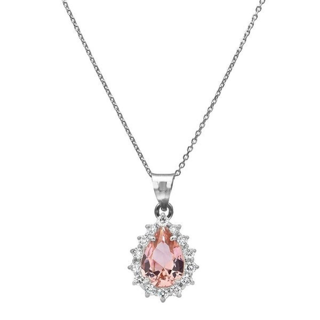 14kt White Gold 0.2ctw Diamond Pendant: One 14k white gold pendant Jewelry Weight: 2.3Grs Total Diamonds Weight: 0.2Cts Main Stones Description: Quantity: 1 Cut and shape: Pears Carats Weight: 1.4 Color: Lab Grown Morganite Side Stones Desc