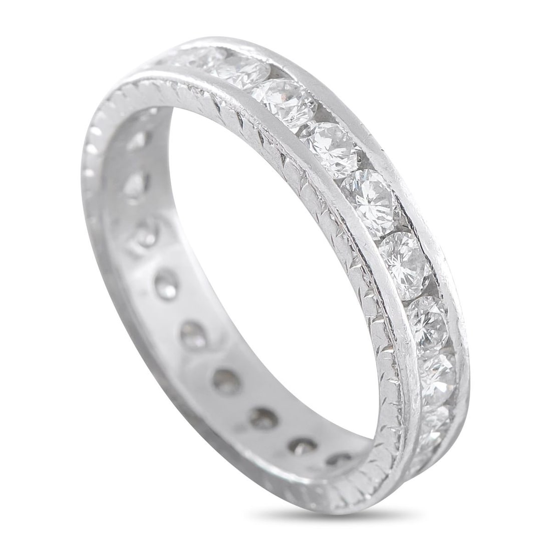 PLATINUM 1.0CT DIAMOND ETERNITY BAND RING: This eternity band ring will add a touch of luxury to any ensemble. Set in Platinum, the minimalist setting beautifully showcases sparkling round-cut Diamonds with a total weight of 1.0 carats. A 4mm 