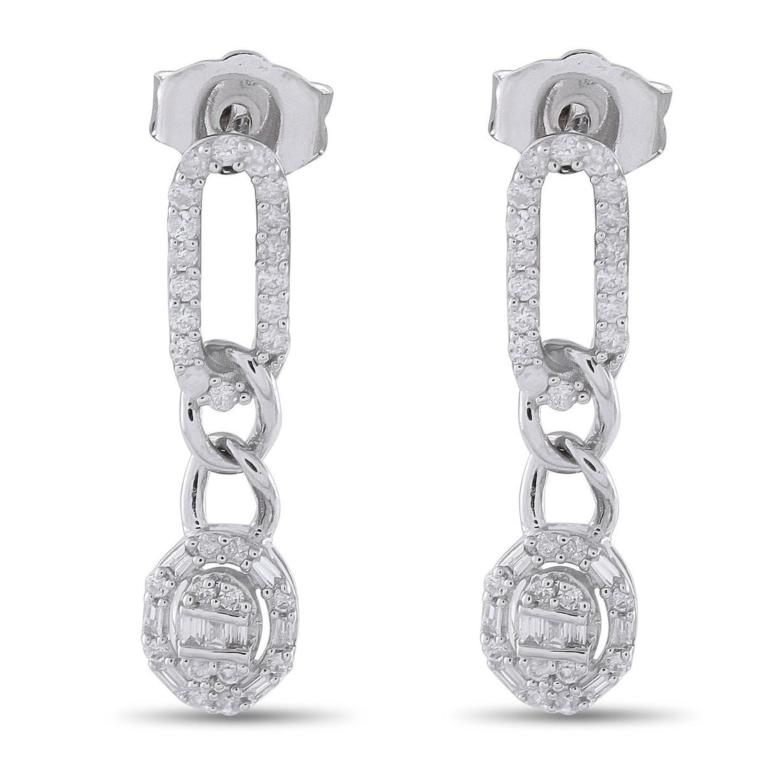 14K WHITE GOLD 0.45CT DIAMOND OVAL DROP EARRINGS: These luxury earrings are poised to put the perfect finishing touch on any outfit. The detailed design provides plenty of movement, while sparkling Diamonds totaling 0.45 carats make them undeniably d