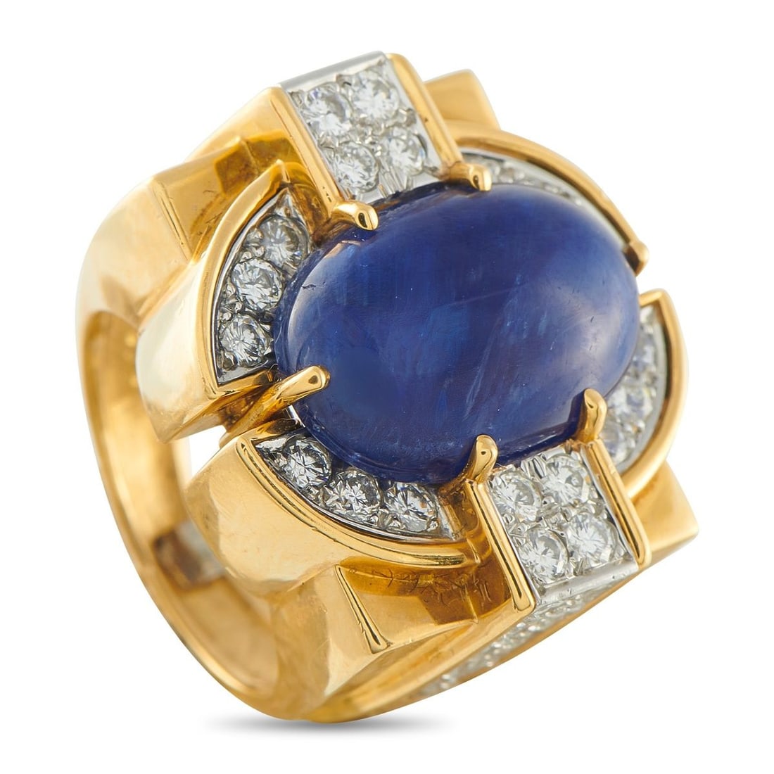 18K YELLOW GOLD 1.20CT DIAMOND AND SAPPHIRE RING: This luxury ring is designed to make a statement. Diamonds with a total weight of 1.20 carats elevate the bold, geometric 18K Yellow Gold setting. At the center, a 13.50 carat Burma No Heat Sapphire s
