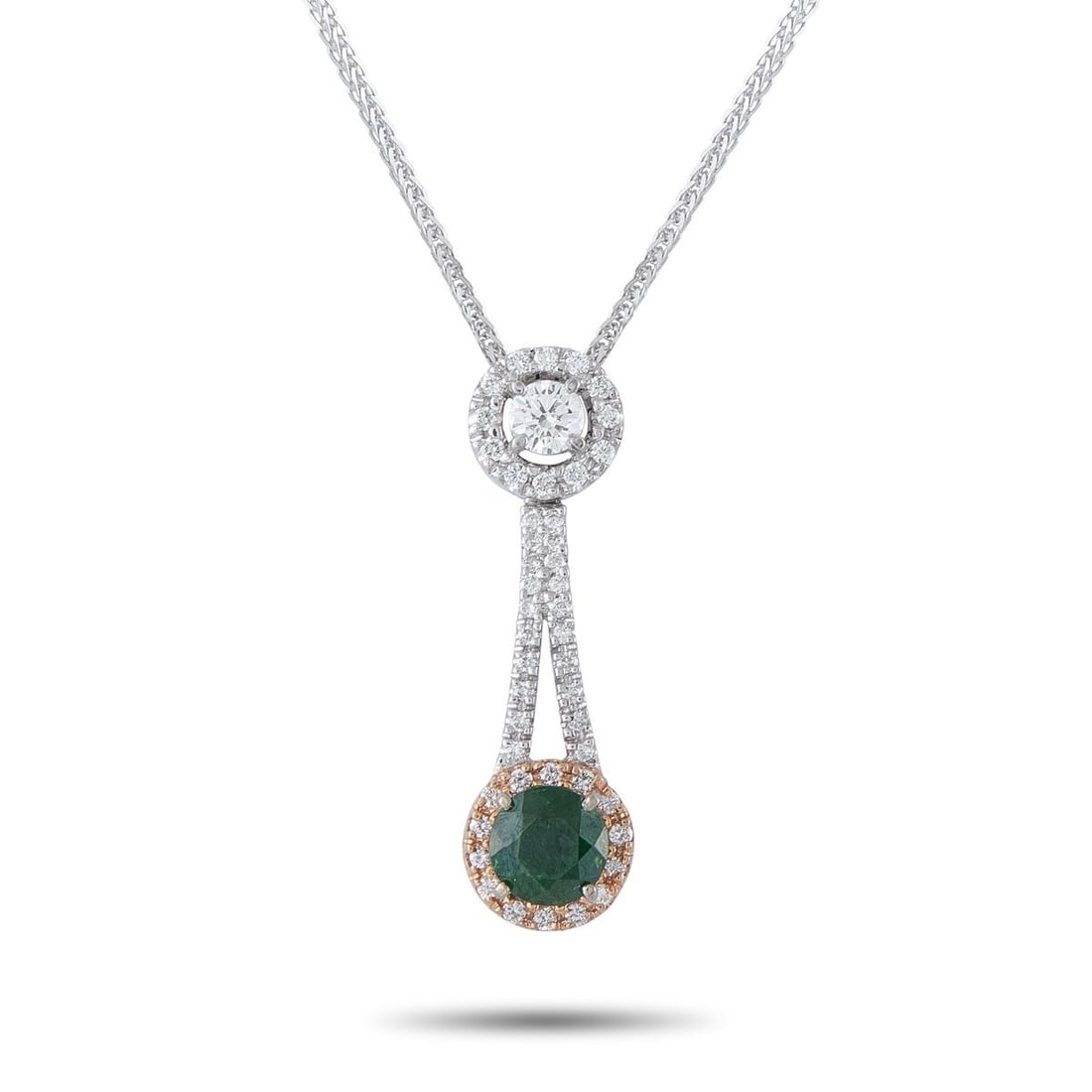 18K WHITE AND ROSE GOLD 0.57CT DIAMOND AND DEMANTOID PENDANT NECKLACE: This luxury necklace is simply exquisite. Crafted from a combination of 18K White Gold and 18K Rose Gold, this pieces central pendant comes to life thanks to sparkling Diamonds totaling 0.57 carats.