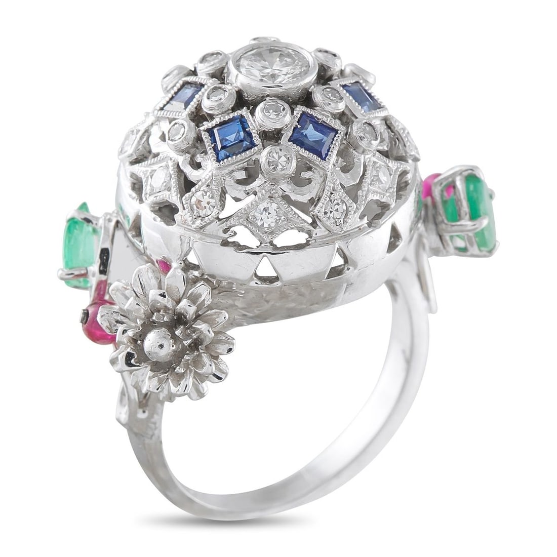 14K WHITE GOLD 0.45CT DIAMOND, RUBY, SAPPHIRE, AND EMERALD RING - 2