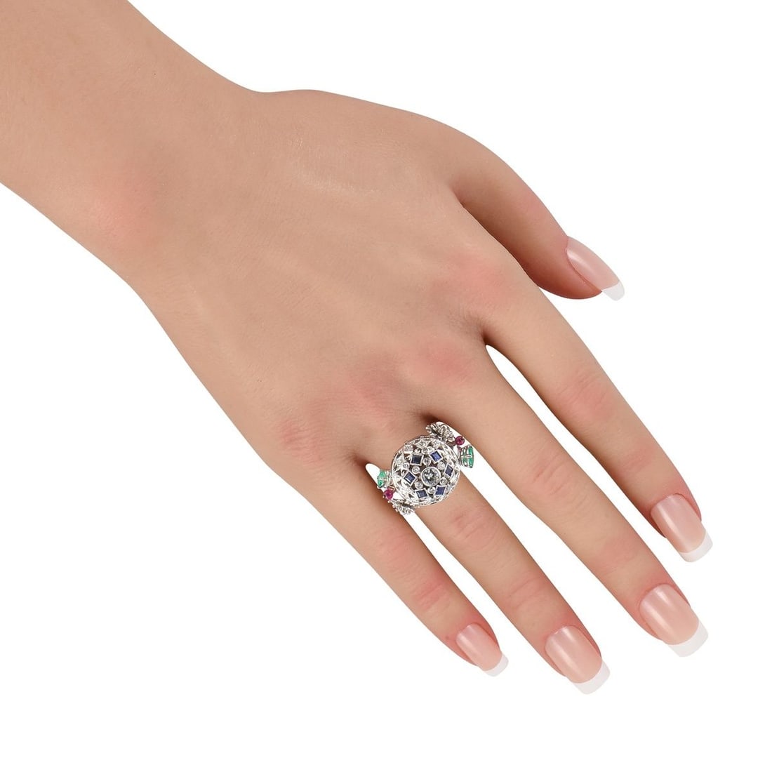 14K WHITE GOLD 0.45CT DIAMOND, RUBY, SAPPHIRE, AND EMERALD RING - 3