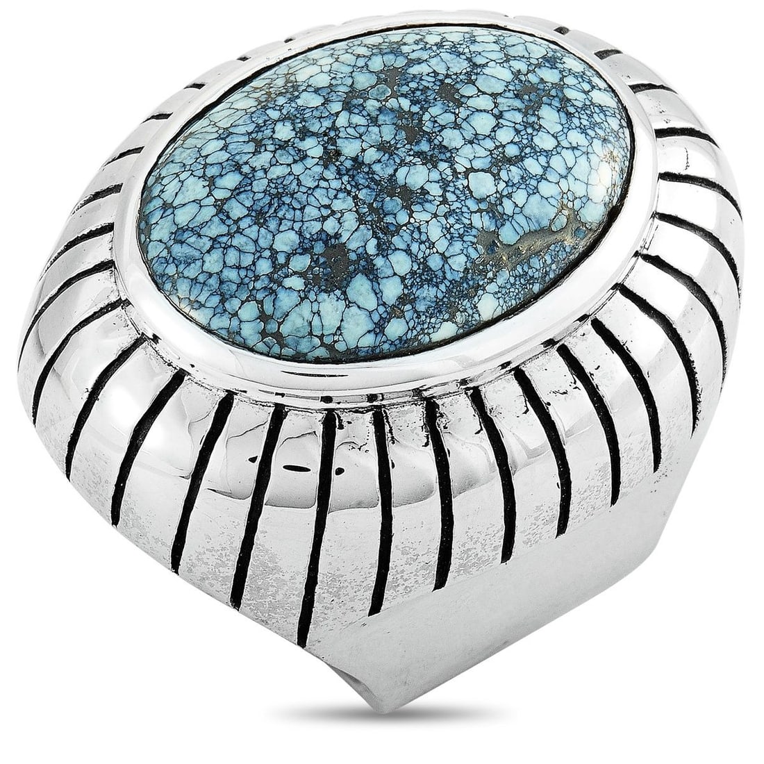 KING BABY SILVER AND SPOTTED TURQUOISE RING: This King Baby ring is crafted from silver and set with an 18 by 25 mm spotted turquoise. The ring weighs 67.4 grams and boasts band thickness of 10 mm and top height of 13 mm, while top dimensions