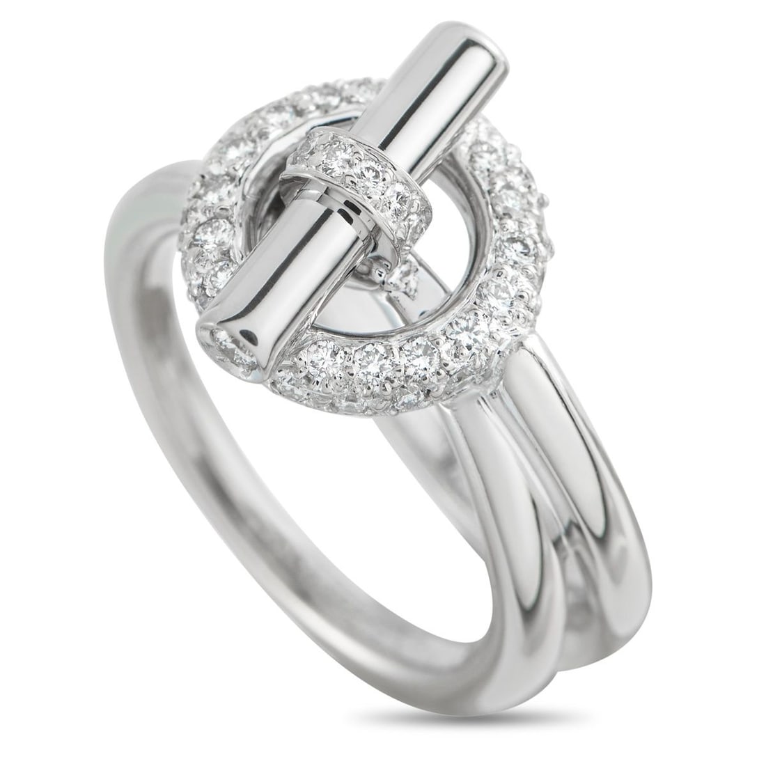 HERMES ECHAPPEE 18K WHITE GOLD DIAMOND RING: This Hermes Echappee ring reinvents one of the brands most iconic motifs. The sophisticated toggle clasp design at the top is elevated by sparkling inset Diamonds. Crafted from 18K White Gold, a 5mm w