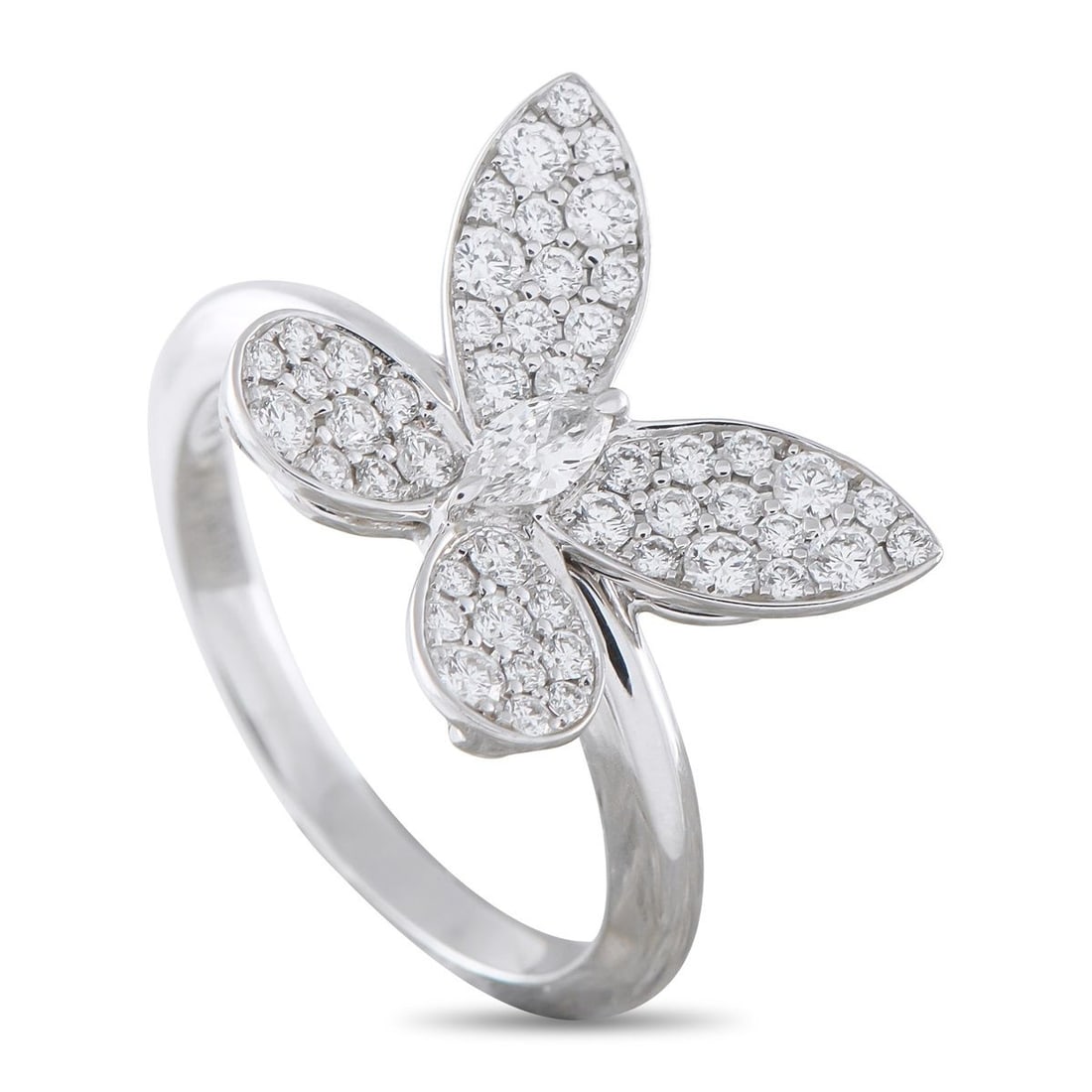 GRAFF 18K WHITE GOLD 0.55CT DIAMOND PAV BUTTERFLY RING: This Graff Pav Butterfly ring will add a touch of charm to any ensemble. Glittering wings placed at a slight angle provide the captivating butterfly motif with a subtle touch of realism. Covered in Di