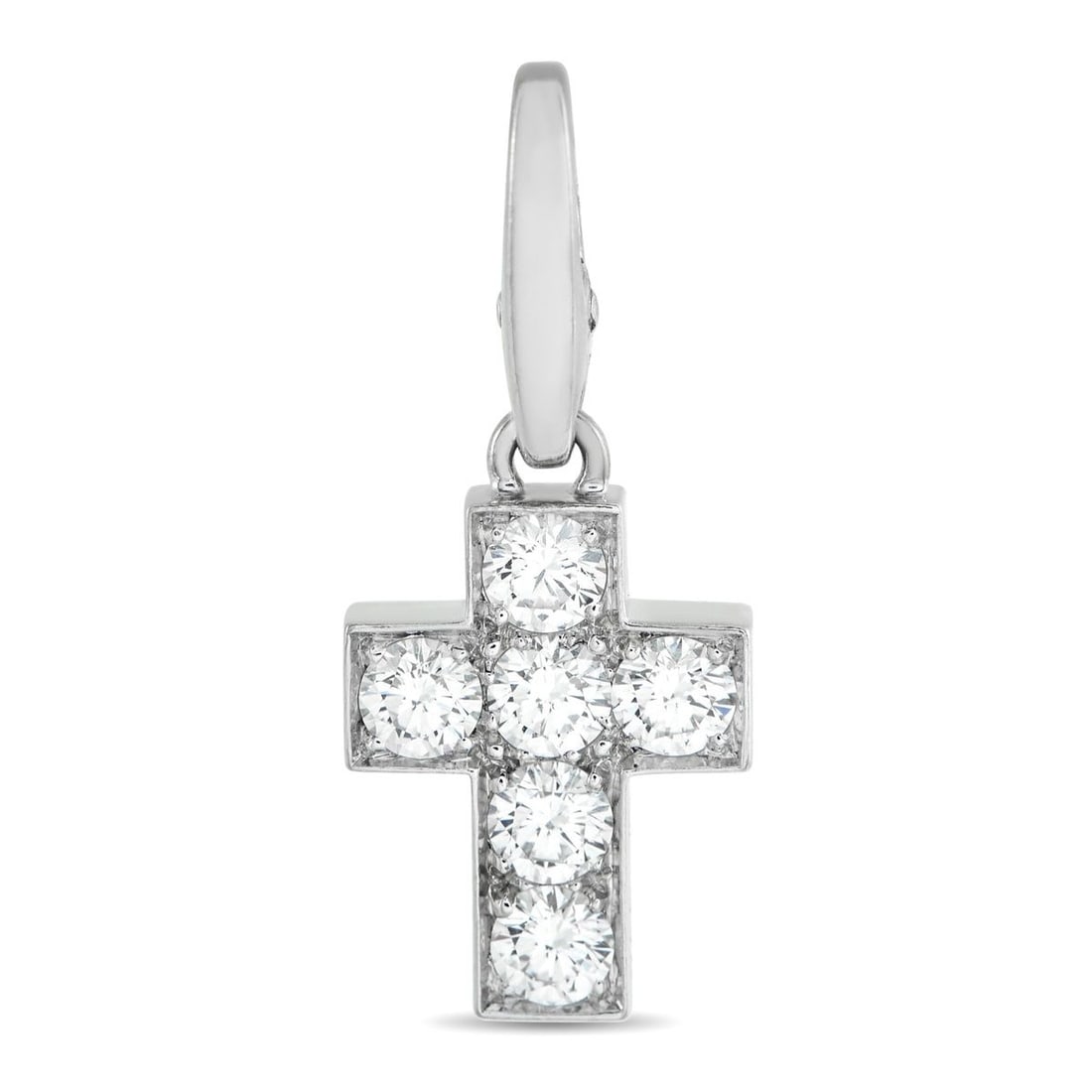 CARTIER 18K WHITE GOLD CROSS 0.90CT DIAMOND PENDANT: With a classic cross shape, this Cartier pendant offers a stylish symbol of your faith. Set in 18K White Gold, the timeless design is elevated by Diamonds with a total weight of 0.90 carats. It measur