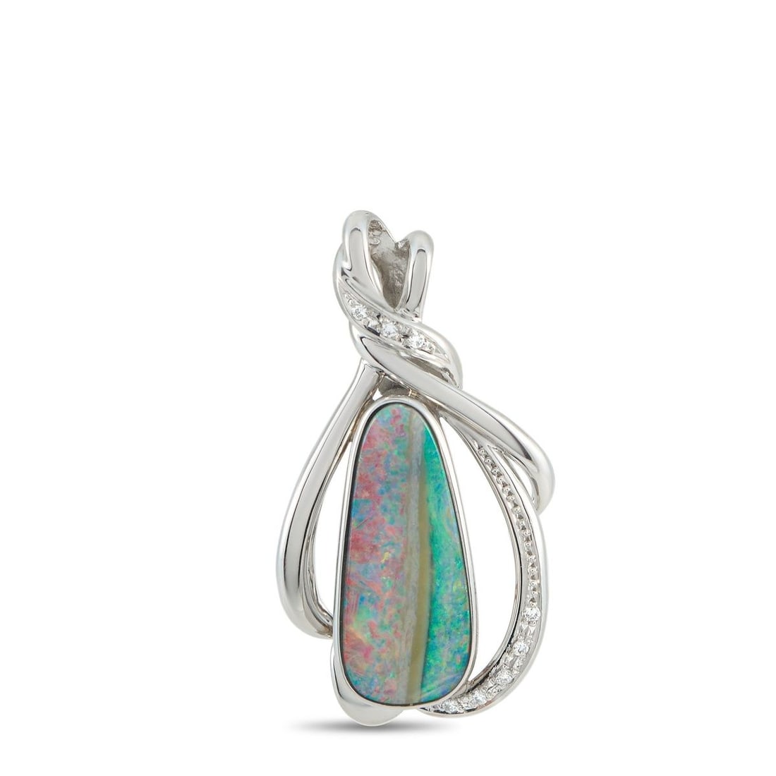 PLATINUM 0.06CT DIAMOND AND OPAL PENDANT: Captivating colors emanate from this 8.35 carat opal, which sits at the center of this exquisite pendant. Detailed, delicate, and full of movement, Diamond accents with a total weight of 0.06 carats a