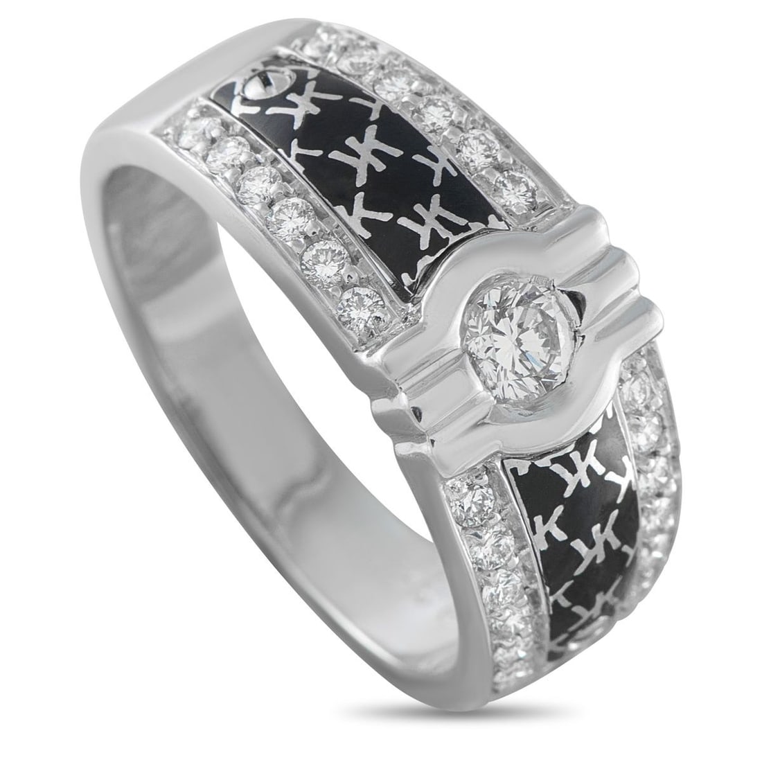 KORLOFF 18K WHITE GOLD 0.50CT DIAMOND RING: This Korloff ring is wholly unique. The dramatic design features a bold 18K White Gold setting elevated by visible screw accents and sparkling Diamonds totaling 0.50 carats. The luxury brands logo
