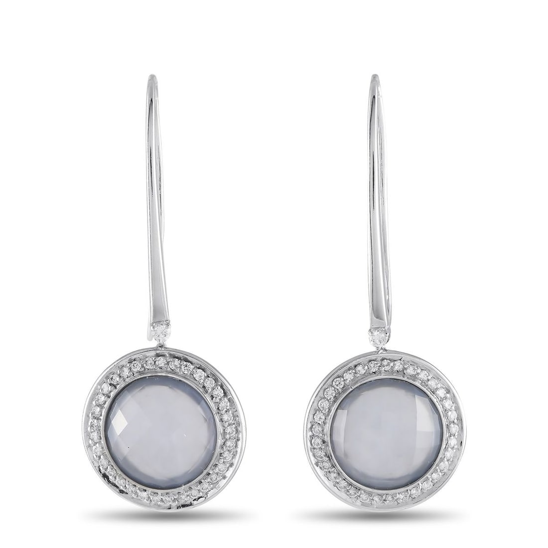 CASATO 18K WHITE GOLD 0.65CT DIAMOND AND CHALCEDONY DROP EARRINGS: Sleek and incredibly elegant, these sophisticated Casato earrings are ideal for anyone with a minimalist aesthetic. The streamlined 18K white gold setting beautifully showcases the capitating round ch
