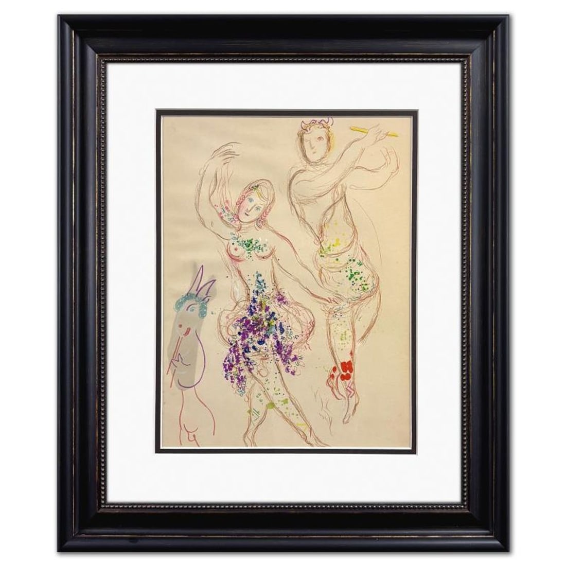 Marc Chagall (1887-1985), "The Ballett (Daphnis and Cloe)" Framed Lithograph with Letter of: The Ballett (Daphnis and Cloe) is a lithograph on paper by Marc Chagall (1887-1985). This piece comes custom framed. Includes Letter of Authenticity. Measures approx. 21.5" x 18" (frame), 13" x 10" (i