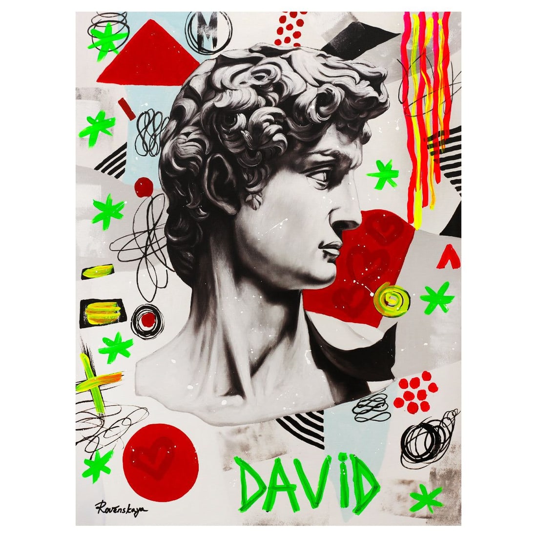 Nastya Rovenskaya- Mixed Media "David": Artist: Nastya Rovenskaya. Medium: Mixed Media. Title: David. Size: 40" x 30". Signature: Hand signed. Certificate of Authenticity: Is included. Reference#: 58228.