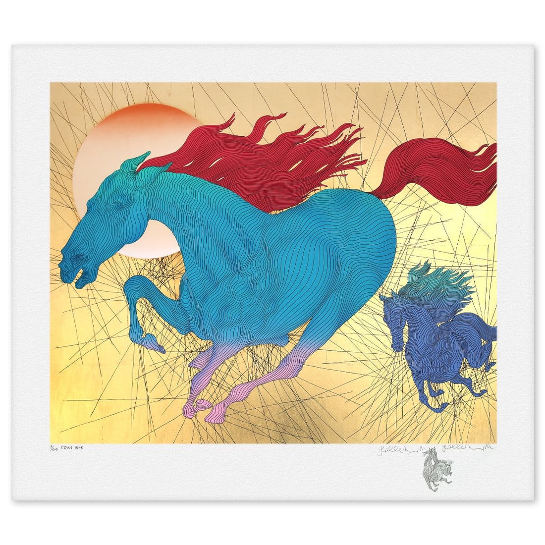 Guillaume Azoulay- Gold Leaf Serigraph "Equus": Artist: Guillaume Azoulay. Medium: Gold Leaf Serigraph. Title: Equus. Size: 34" x 40". Signature: Hand Signed and Numbered. Reference#: 74618.
