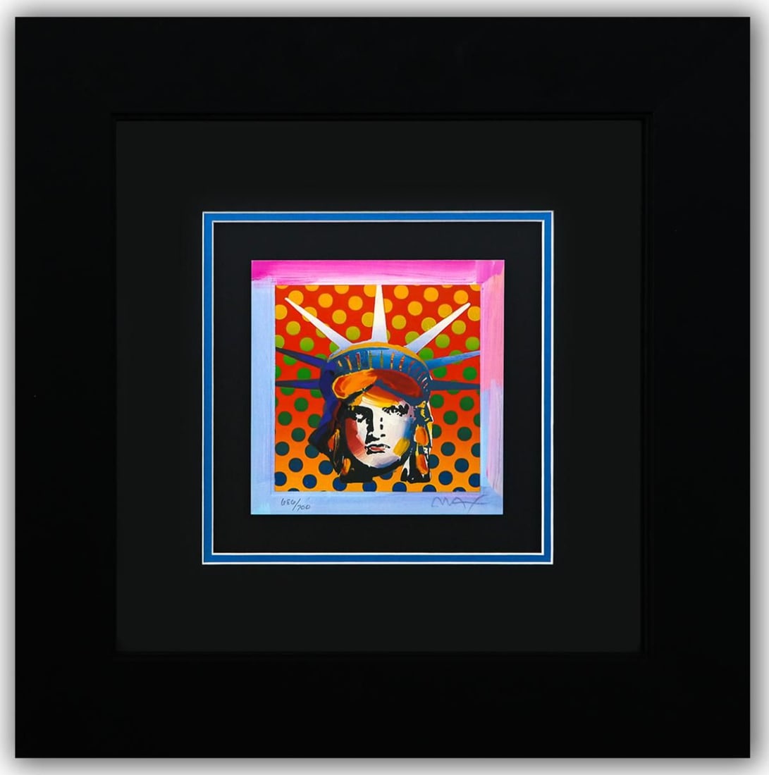 Peter Max- Original Lithograph "LIBERTY HEAD (Mini)": Artist: Peter Max. Medium: Original Lithograph. Title: LIBERTY HEAD (Mini). Size: 7" x 7". Measures approx. 20" x 20" (framed). Signature: Hand Signed and Numbered by the artist. Certificate of Authen