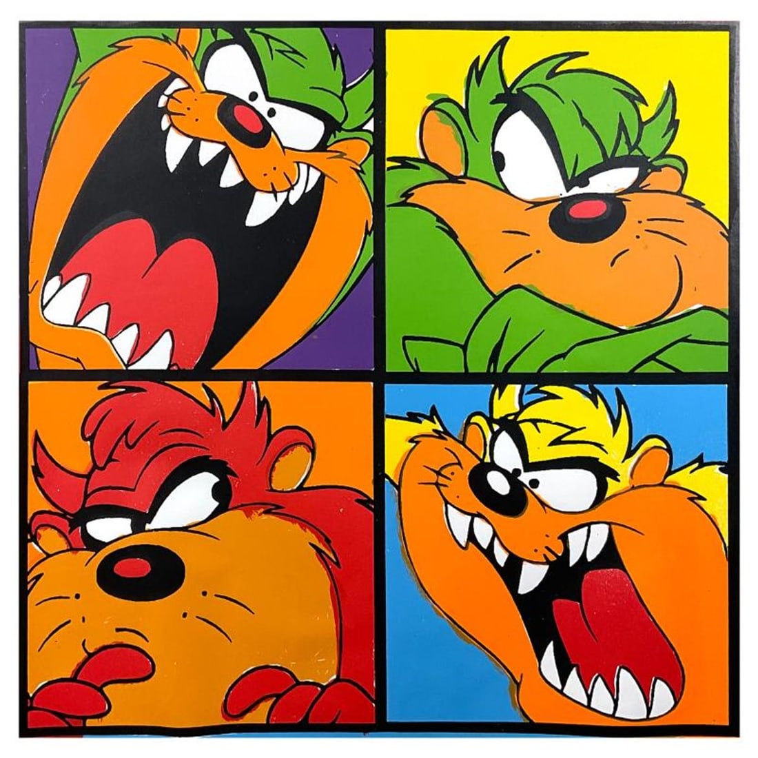 Steve Kaufman (1960-2010), "Four Tasmanian Devils" Hand Painted, Hand Pulled Unique Variation: Four Tasmanian Devils is a hand painted, hand pulled unique variation silkscreen on canvas by Andy Warhol protege, Steve Kaufman (1960-2010). This piece is CP numbered 12/25 and hand signed inverso by