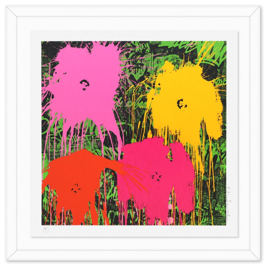 Mr Brainwash- Silkcreen on Paper "Flowarh$, 2021": Artist: Mr Brainwash. Medium: Silkcreen on Paper. Title: Flowarh$, 2021. Size: 24" x 24". Measures approx. 30" x 30" (framed). Signature: Hand signed and numbered. Certificate of Authenticity: Is