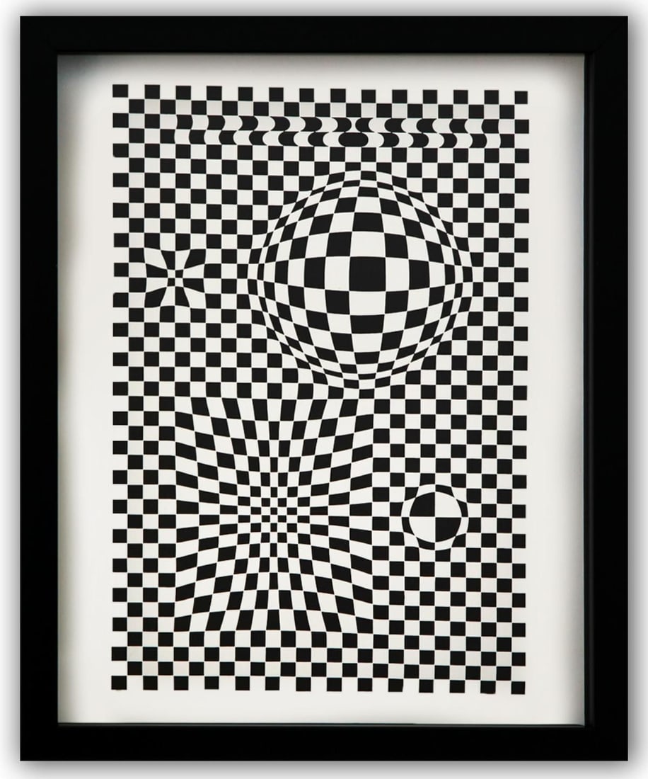 Victor Vasarely- Heliogravure Print "Untitled": Artist: Victor Vasarely. Medium: Heliogravure Print. Title: Untitled. Size: 13" x 10". Measures approx. 15" x 12" (framed). Additional: Custom Framed. Reference#: 21510.